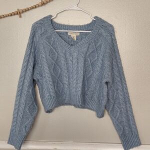 Happily Grey Cable Knit Blue Cropped Oversized V-Neck Sweater